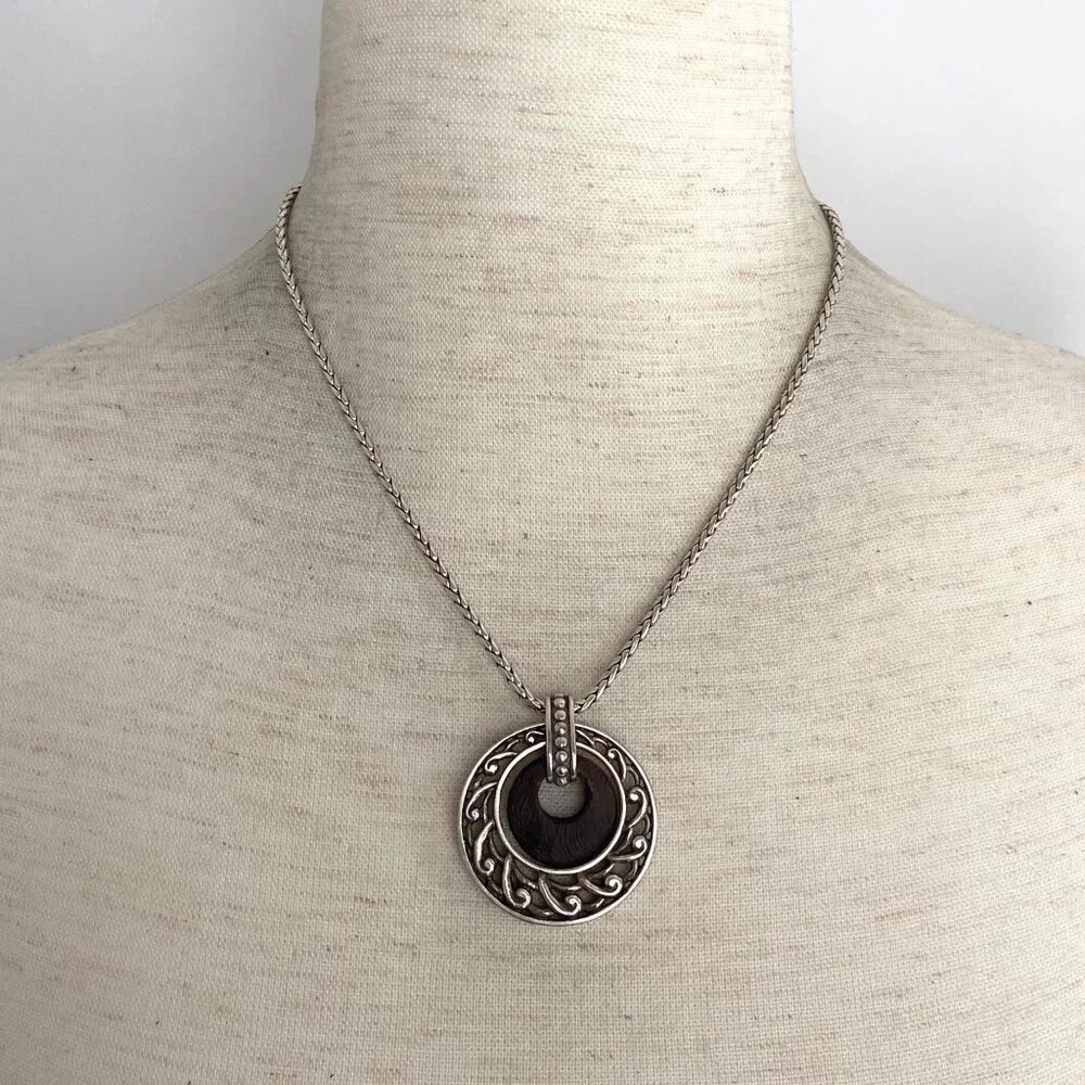 Brighton Katu Collection Silver Plated Round Wood Pendant Necklace 16